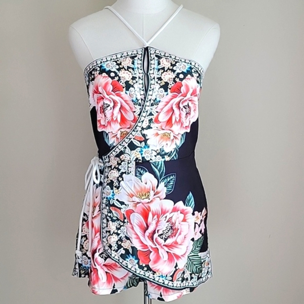 Floral Romper Boho Style w/ Rope Side Tie, Silky Material, Front Cutouts NWOT M